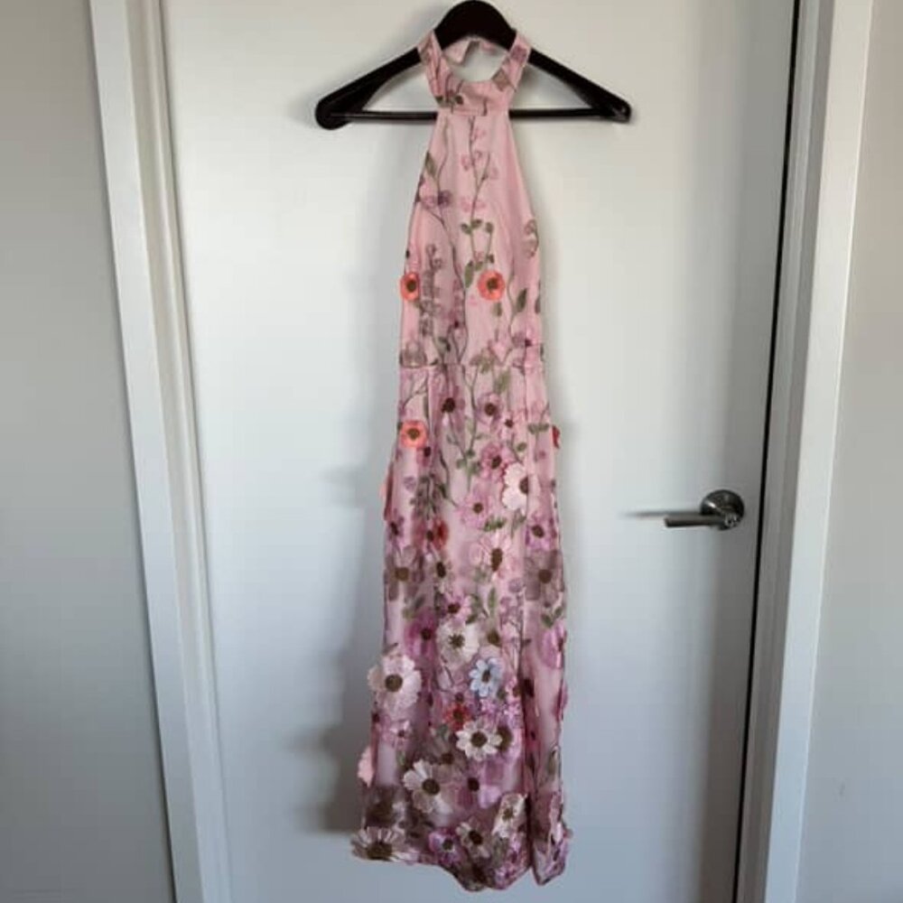 Unique Impression Pink 3D Floral Embroidered Halter Midi Dress - Lulus - Picture 2 of 3